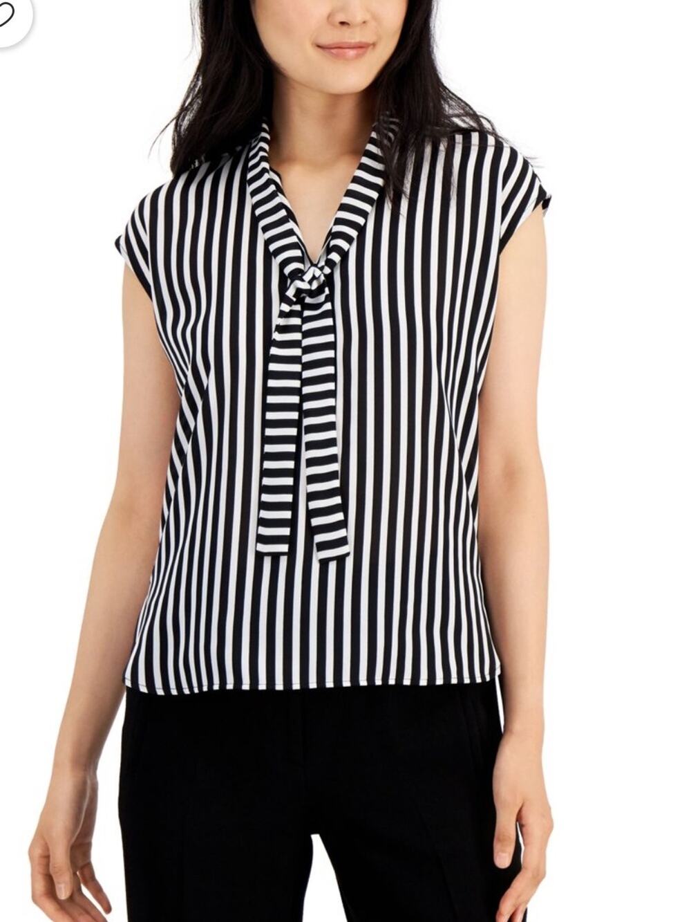 Bar III Black and White Vertical-Striped Tie-Neck Blouse